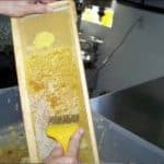 Scraping the wax cap so the honey can run out Scraping the wax cap so the honey can run out